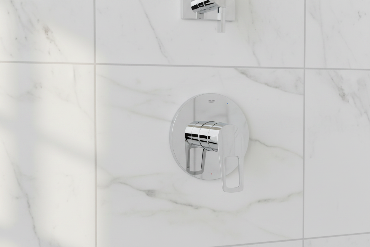 Grohe BauLoop polished chrome shower valve trim on white marble tile in minimalist contemporary bathroom with morning light