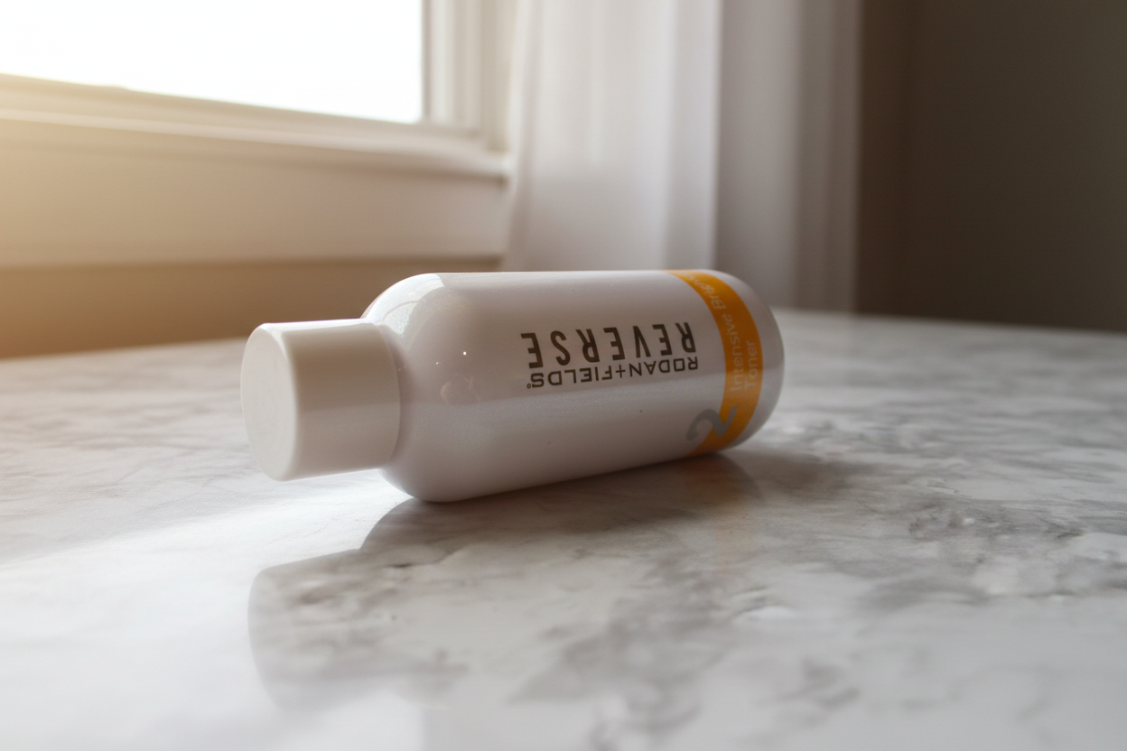 Rodan + Fields REVERSE Intensive Brightening Toner reflecting soft natural window light on white marble