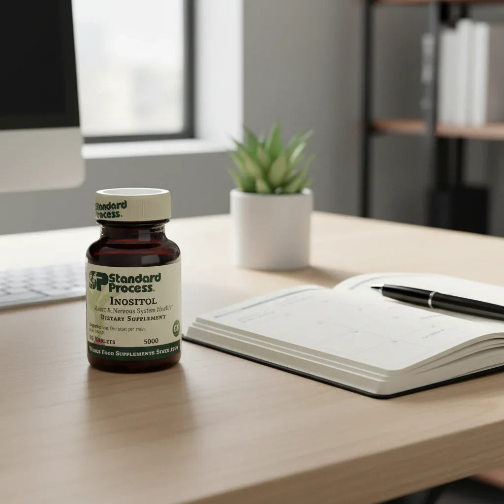 Standard Process Inositol on office desk with planner and potted plant for daily health and productivity routine