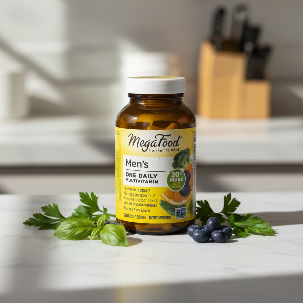 Men's daily multivitamin amber glass bottle on white marble surface with soft morning light and fresh organic botanicals – More4less Outlet
