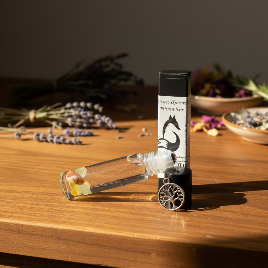 Vixen Skincare crystal elixir roller bottles on natural wooden apothecary table with warm sunlight and botanical accents.