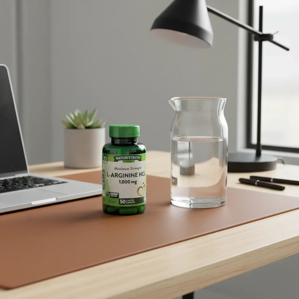 Nature's Truth L-Arginine HCl 1000mg bottle on modern office desk with leather desk mat and glass water carafe