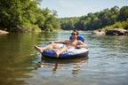 Intex River Run 1 Lounge man relaxing floating on calm sunny river trees rocks background