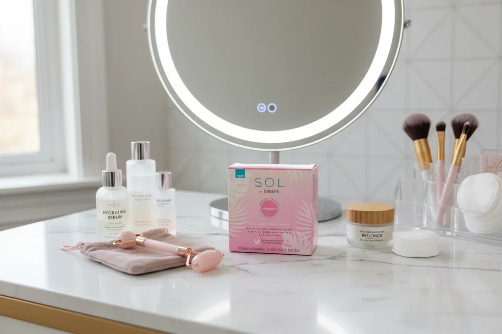 SOL by Jergens self-tanning cosmetic packaging on well-lit makeup vanity with skincare accessories