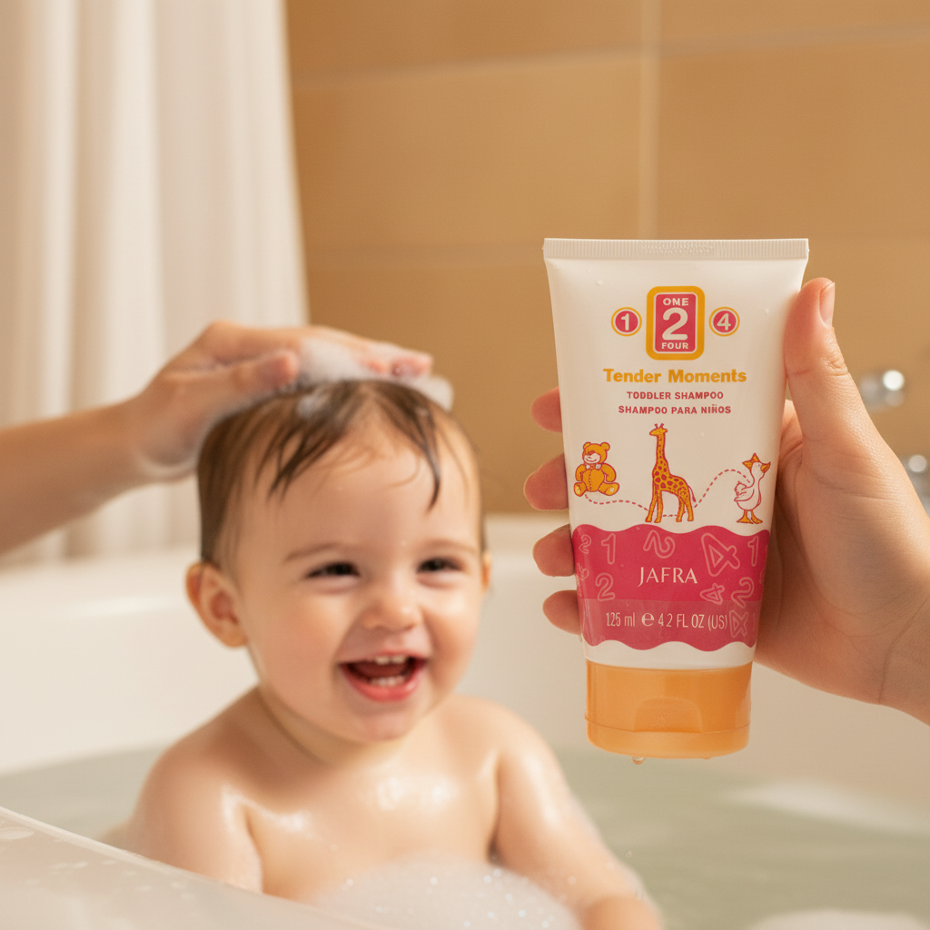 Parent washing toddler hair with JAFRA Tender Moments Shampoo in bathtub – More4less Outlet