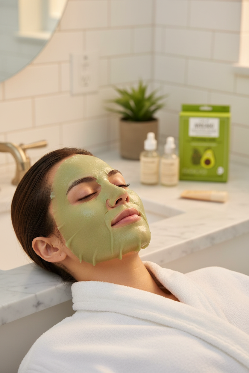 Woman relaxing with CALA avocado sheet mask K-beauty morning skincare routine — More4less Outlet