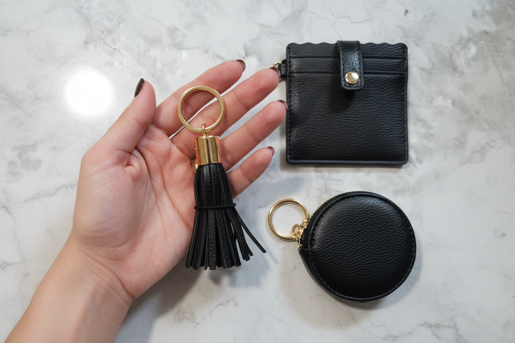 Woman holding Collection XIIX black tassel keychain with gold ring and clasp alongside matching card holder and earbuds pouch — coordinated black accessories gift set