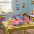 FurReal Friends Dizzy Dancers Spin n Glow Disco playset fully assembled on a child's play table showing light-up floor and BonnieBow figure – More4less Outlet