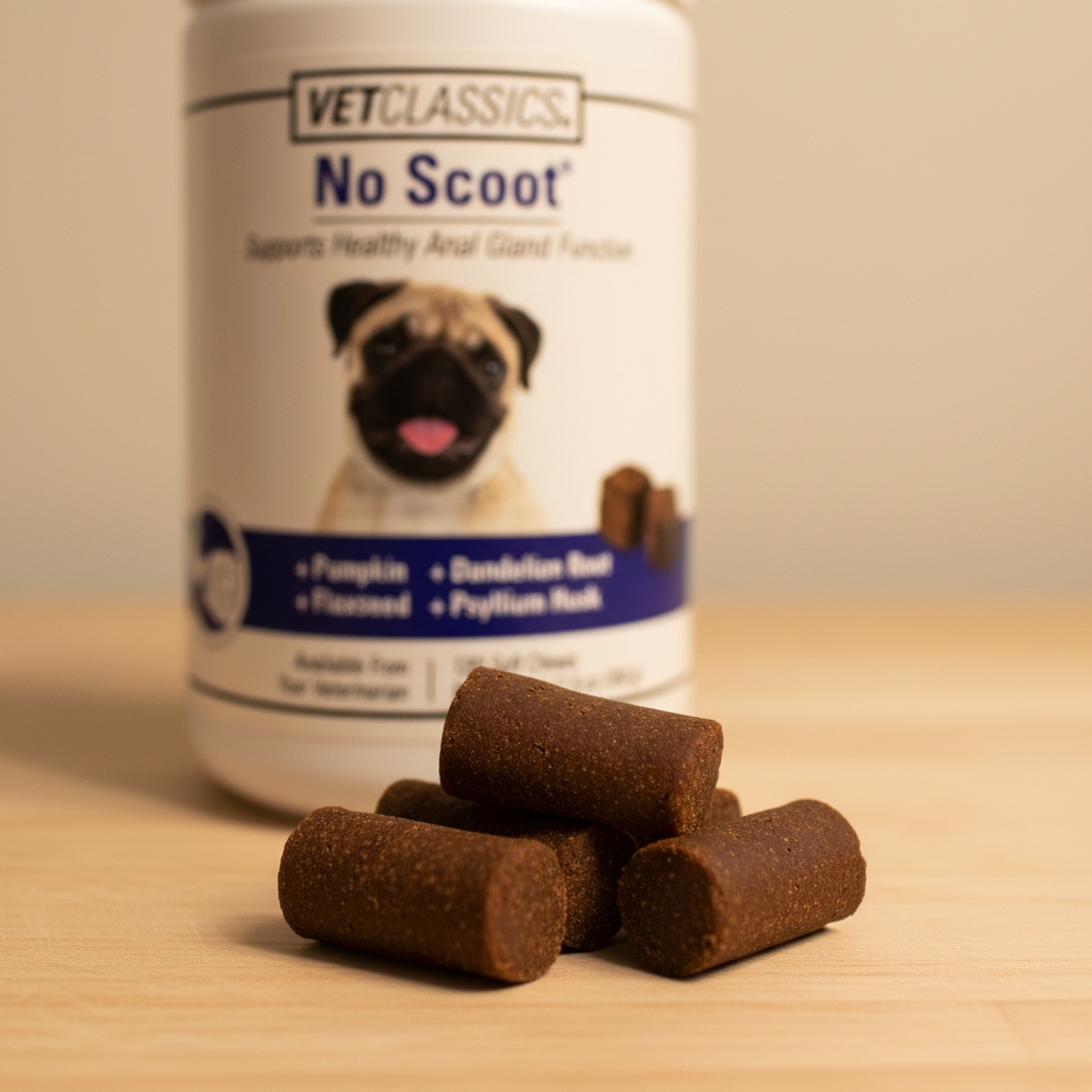 VetClassics No Scoot soft chew treats close-up in front of supplement bottle on light wood surface