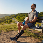Athlete sitting on bench after run applying cold therapy ankle compression sleeve outdoors