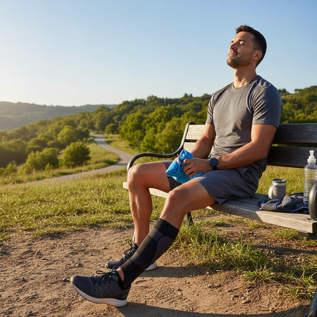 Athlete sitting on bench after run applying cold therapy ankle compression sleeve outdoors