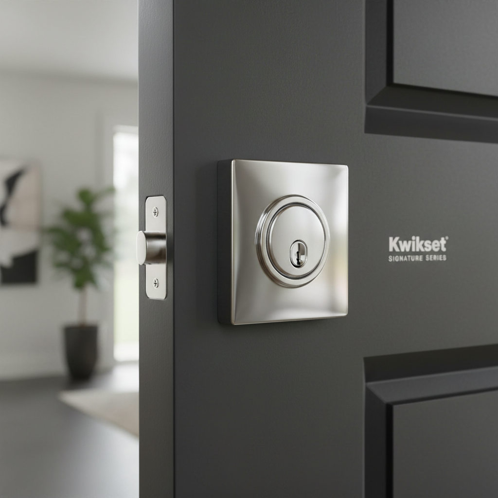 Contemporary square polished chrome deadbolt close-up on dark charcoal front door with architectural lighting – More4less Outlet