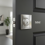 Contemporary square polished chrome deadbolt close-up on dark charcoal front door with architectural lighting – More4less Outlet