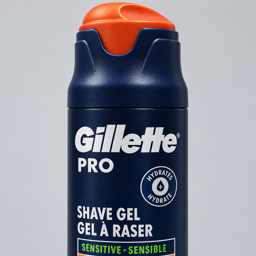 Close view of Gillette PRO Sensitive shave gel can and orange dispenser