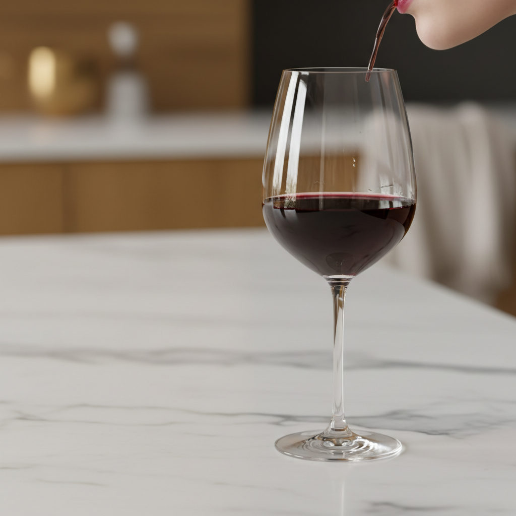 Red Shiraz poured in an elegant Karen MacNeil silky wine glass on marble countertop