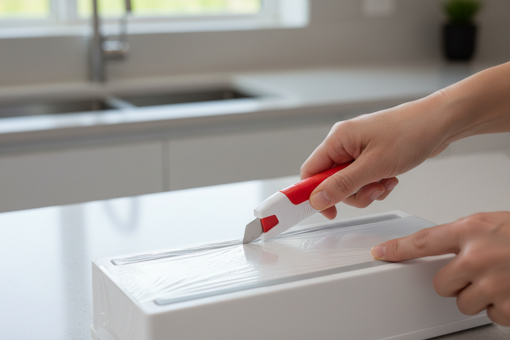 Close-up of hands sliding a safety cutter across food-safe plastic wrap on a white dispenser in a clean kitchen