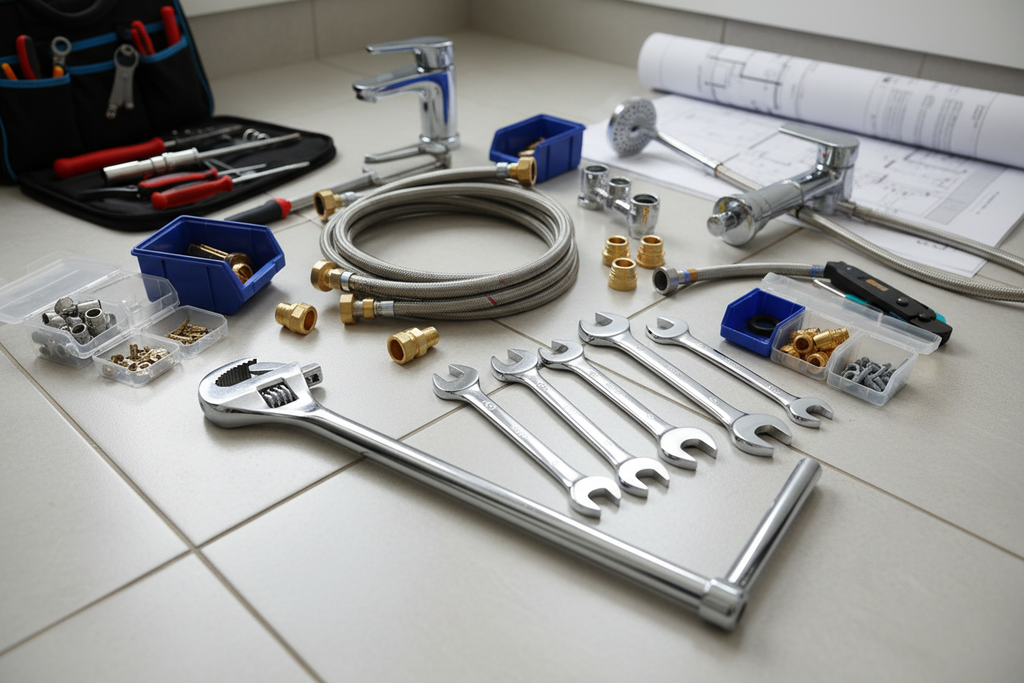 Professional plumbing tools laid out neatly on tile floor for bathroom fixture installation project