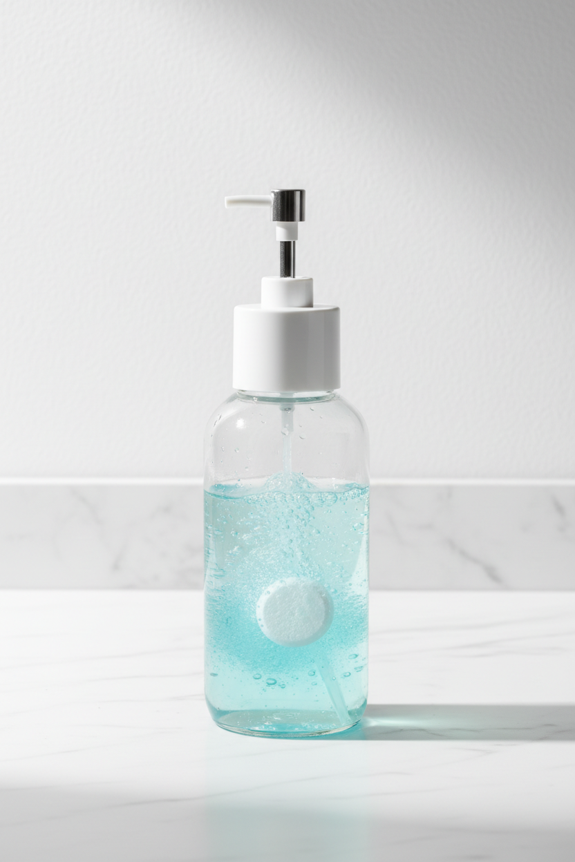 Minimalist spray bottle with dissolving cleaning tablet on white countertop