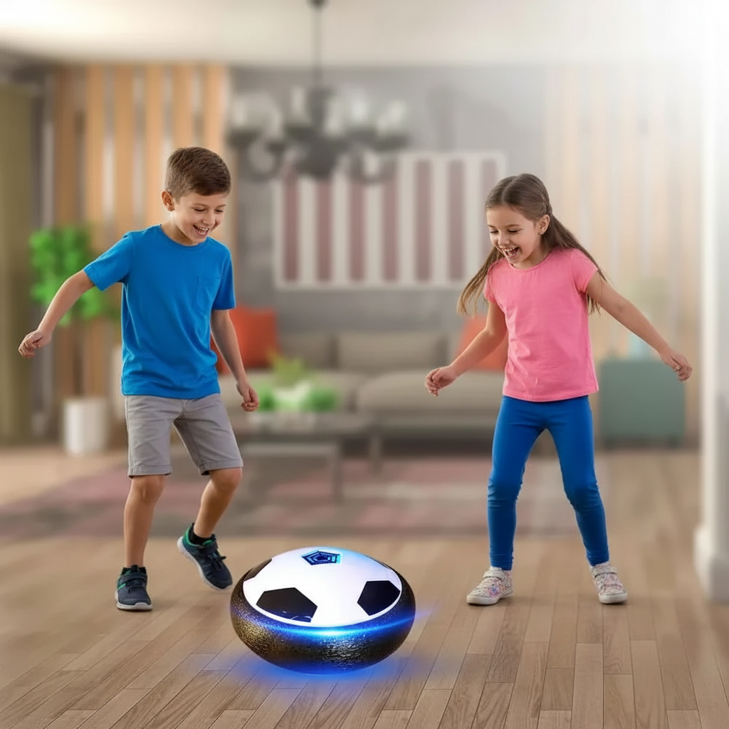 Two kids playing with LED hover soccer ball with blue lights on hardwood living room floor