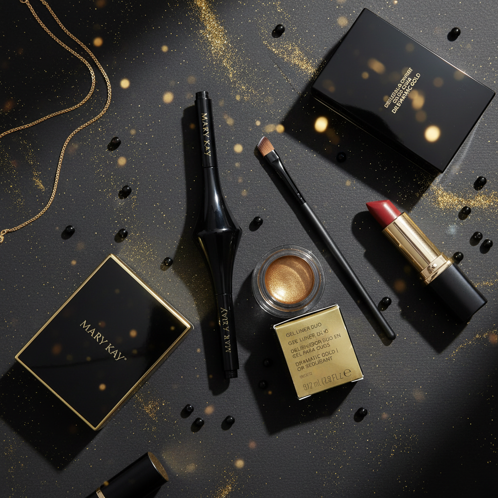 Mary Kay Gel Liner Duo Dramatic Gold evening glam makeup flatlay dark moody background with gold shimmer accents