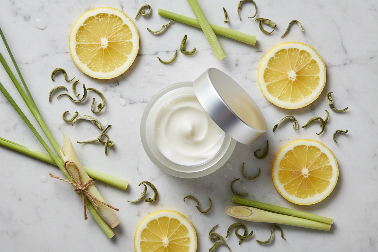 Top-down flat lay of body cream jar with lemon slices, white tea leaves and lemongrass on marble