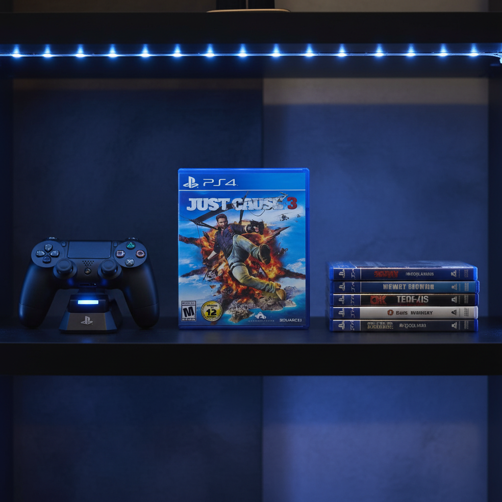 Just Cause 3 PS4 game case on LED-lit gaming shelf