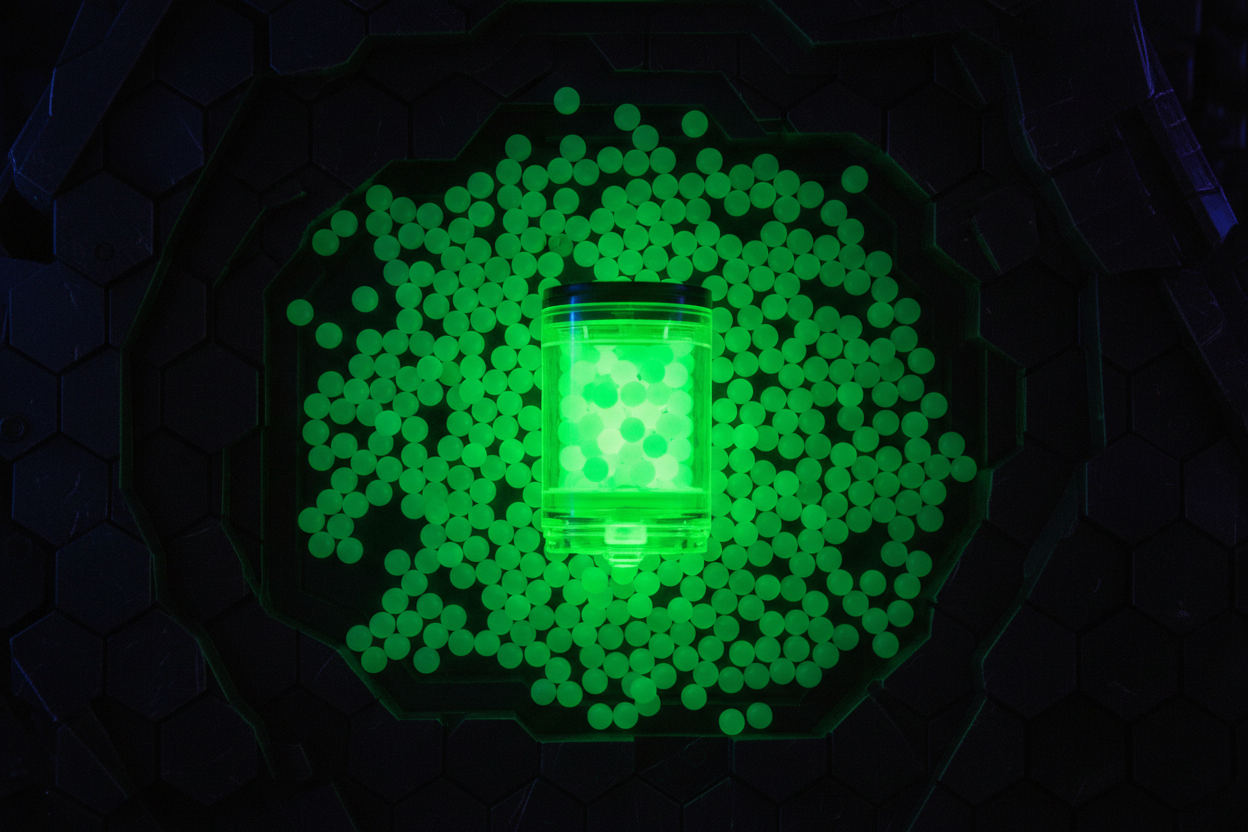 Flat lay of Nerf Pro Gelfire Nightfall Hopper surrounded by glowing green gel rounds on dark tactical surface — More4less Outlet