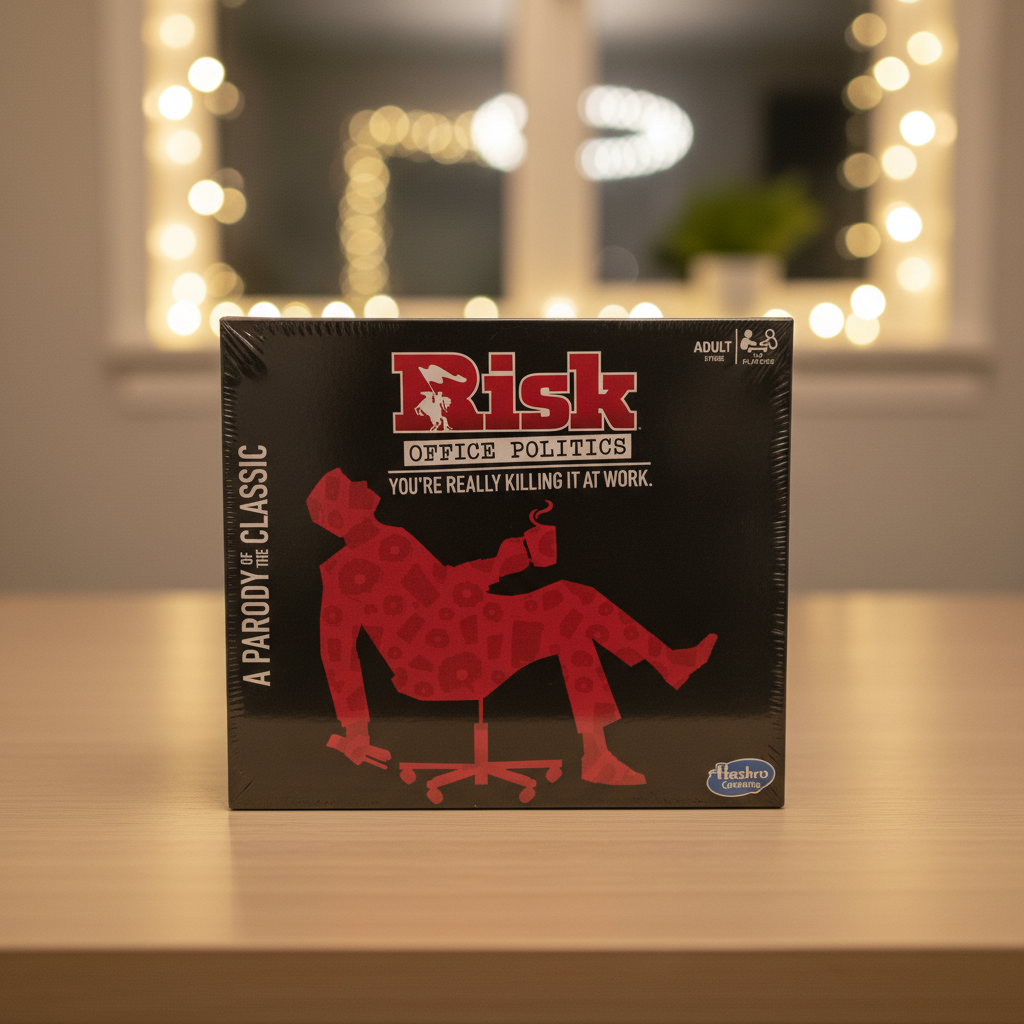 Risk Office Politics adult board game box on a game-night table