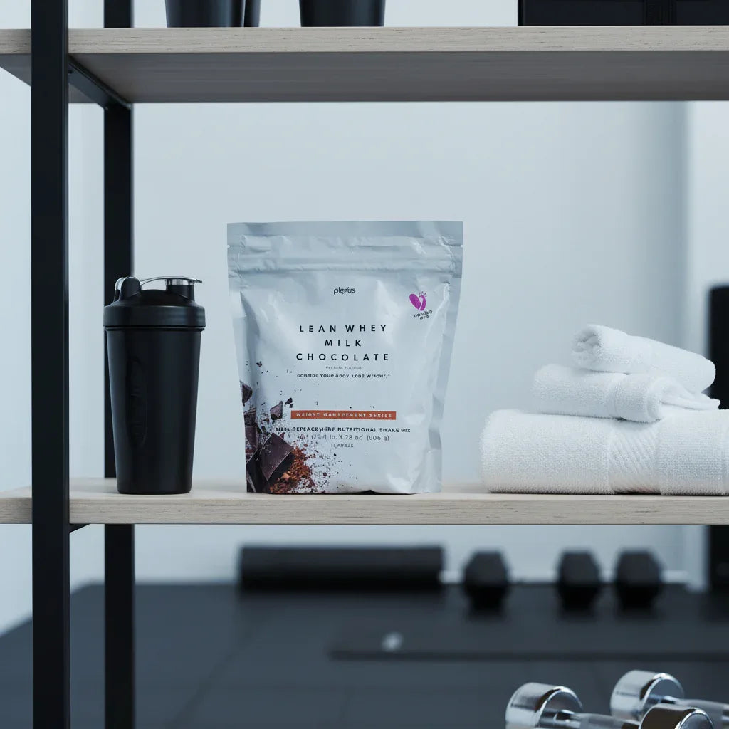 Plexus Lean Whey Milk Chocolate shake bag on minimalist home gym shelf with metal shaker cup and athletic towels