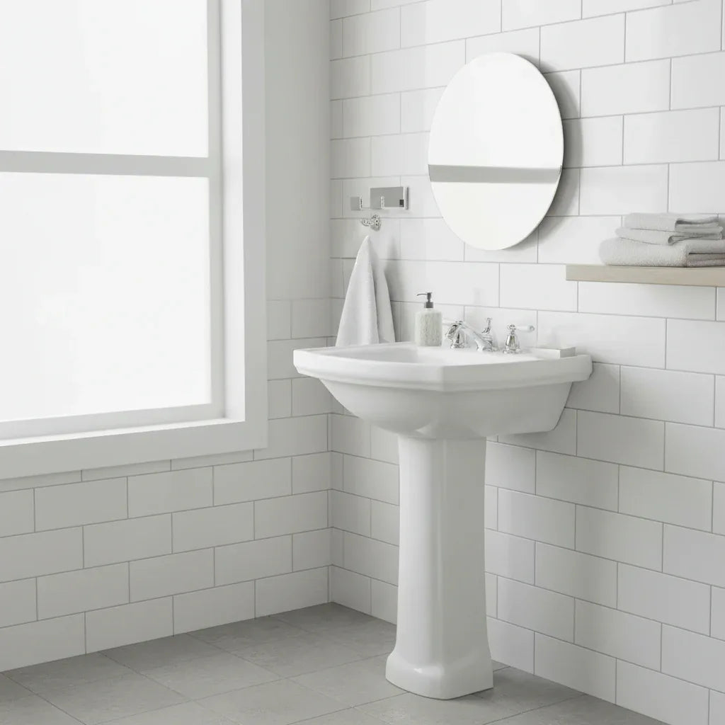 Clean bathroom aesthetic with polished chrome wall-mount double hooks on white subway tile