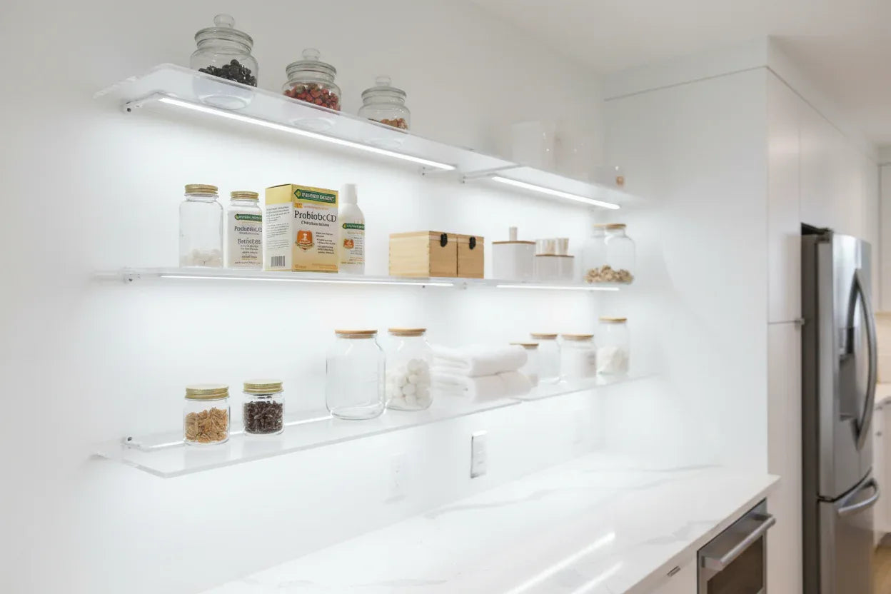 Nature's Bounty Probiotic CD box on kitchen wellness storage clear shelves white lighting
