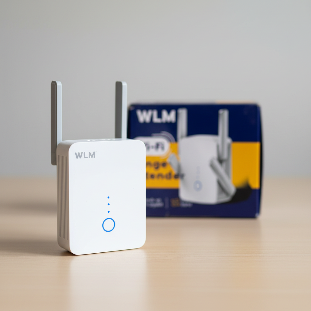 WLM M9 Wi-Fi range extender with two antennas on a neutral desk