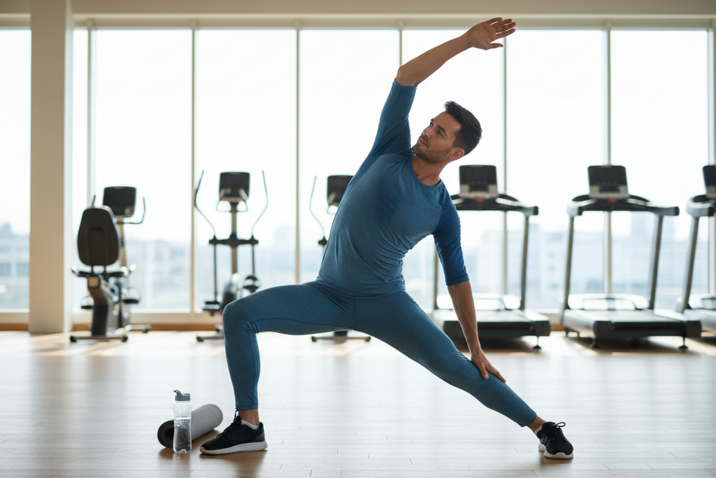 Active person stretching after workout in bright gym, muscle recovery lifestyle