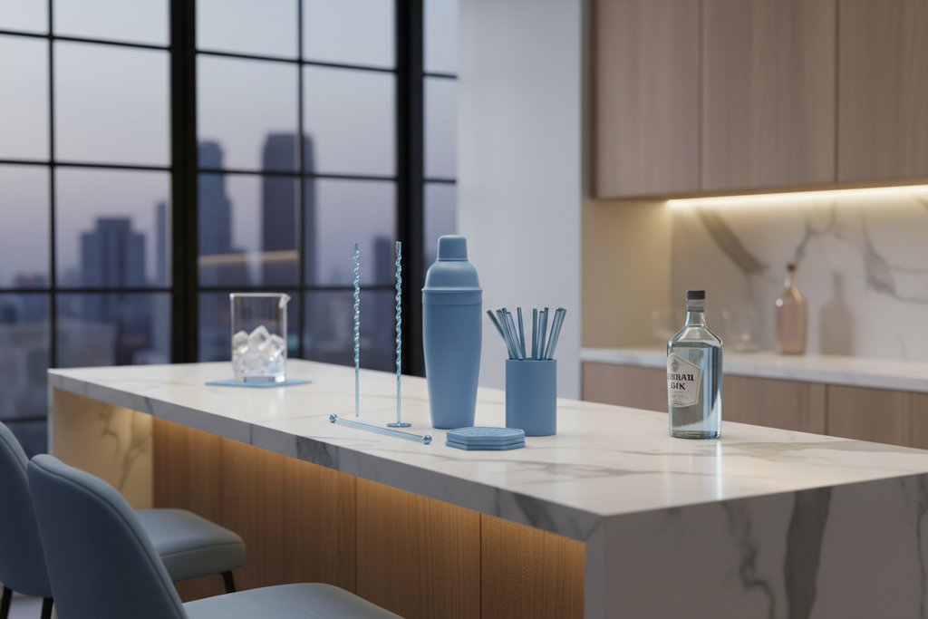 Modern home bar setup with coordinated powder blue barware accessories on marble countertop