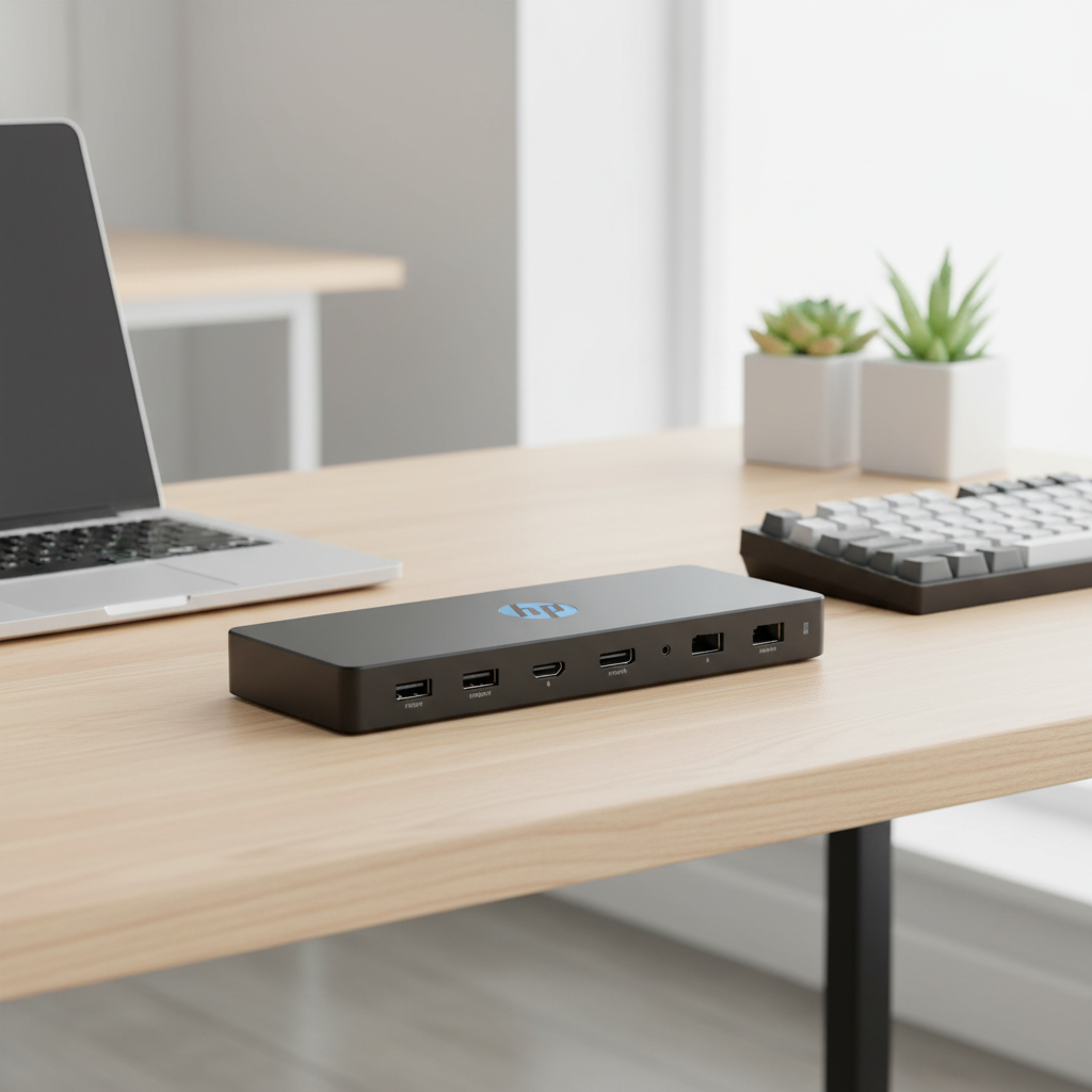 HP USB-C Dock G4 unboxed on minimalist wooden office desk next to silver laptop, mechanical keyboard, and succulent plant