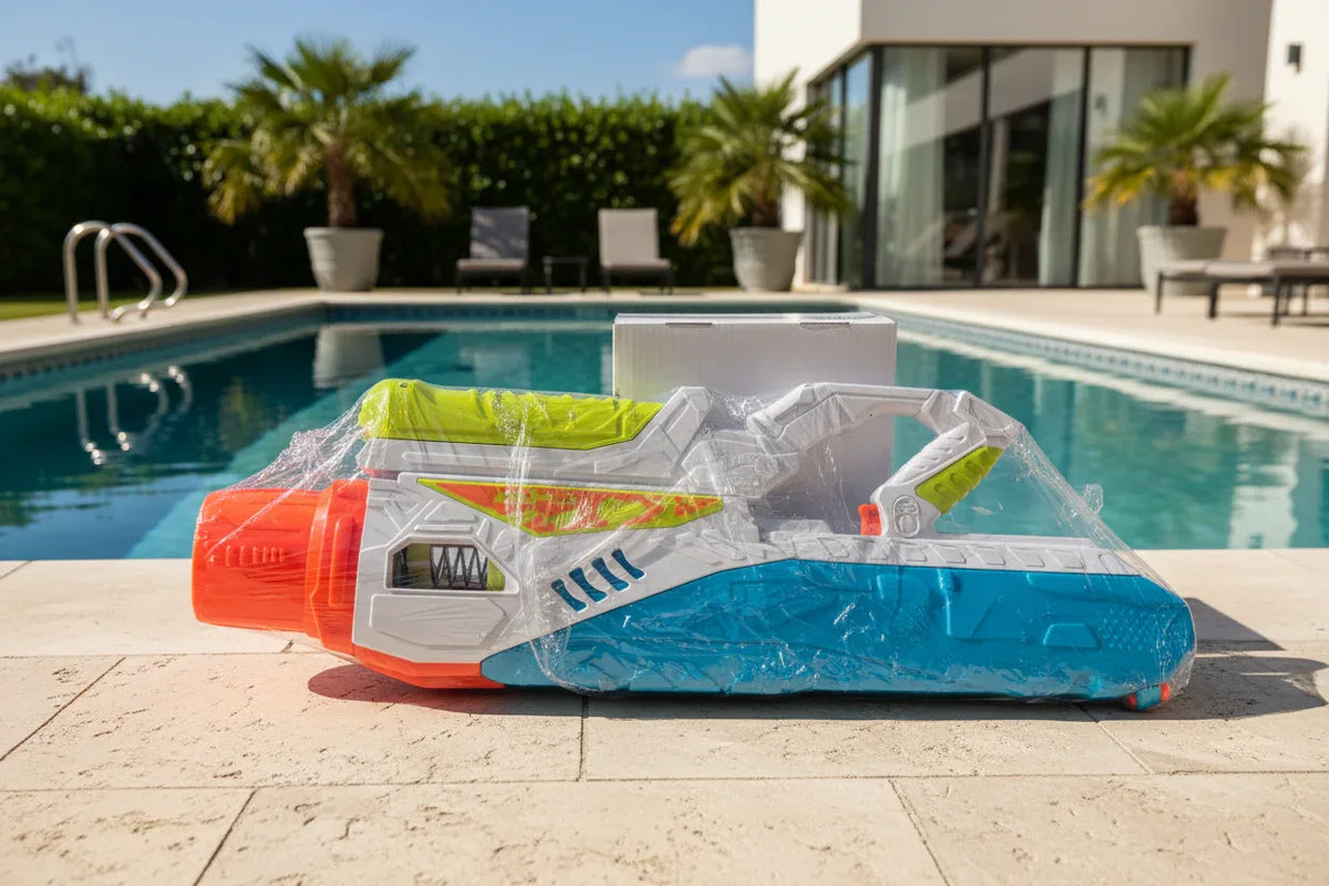 KEY 049 large water blaster toy at poolside patio with natural outdoor lighting
