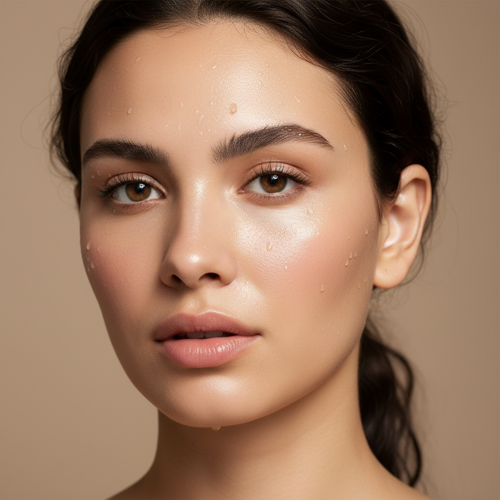 Close-up of a woman's dewy, freshly washed glowing face with radiant hydrated skin