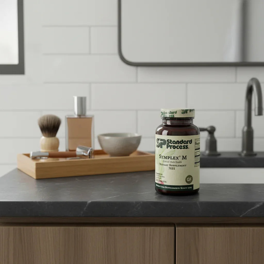 Standard Process Symplex M bottle on dark slate bathroom vanity with bamboo tray of men's grooming items