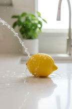Water spray hitting vibrant yellow citrus lemon on clean white kitchen counter