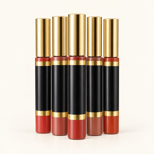 Sealed black and gold LipSense-style lip color wands grouped on an ivory background