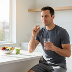Man taking a fish oil softgel supplement with a glass of water at a bright kitchen counter