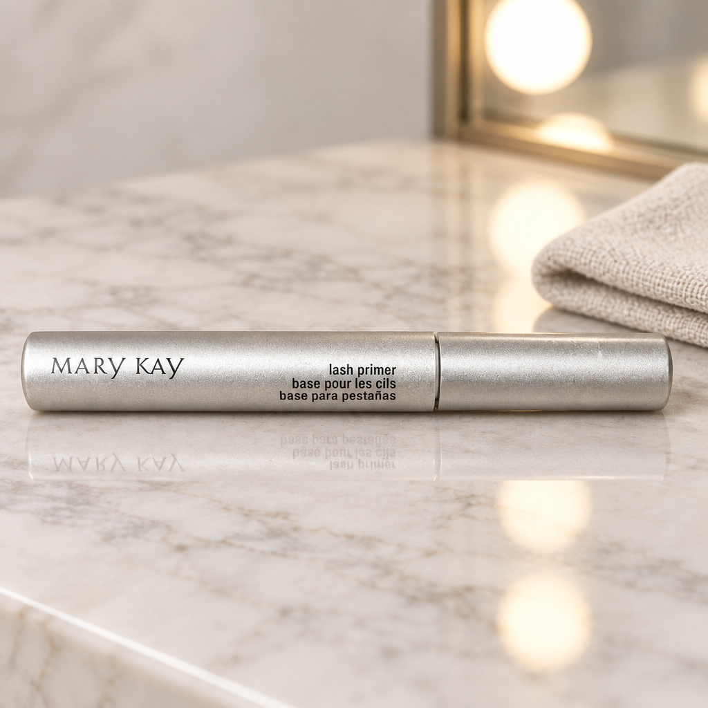 Mary Kay Lash Primer silver tube on a light vanity with a folded cloth