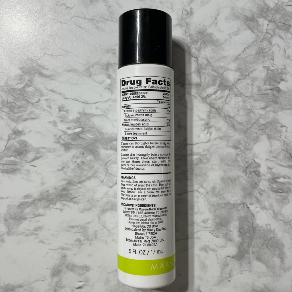 Back panel of Mary Kay Clear Proof Blemish Control Toner showing Drug Facts, ingredients, and directions