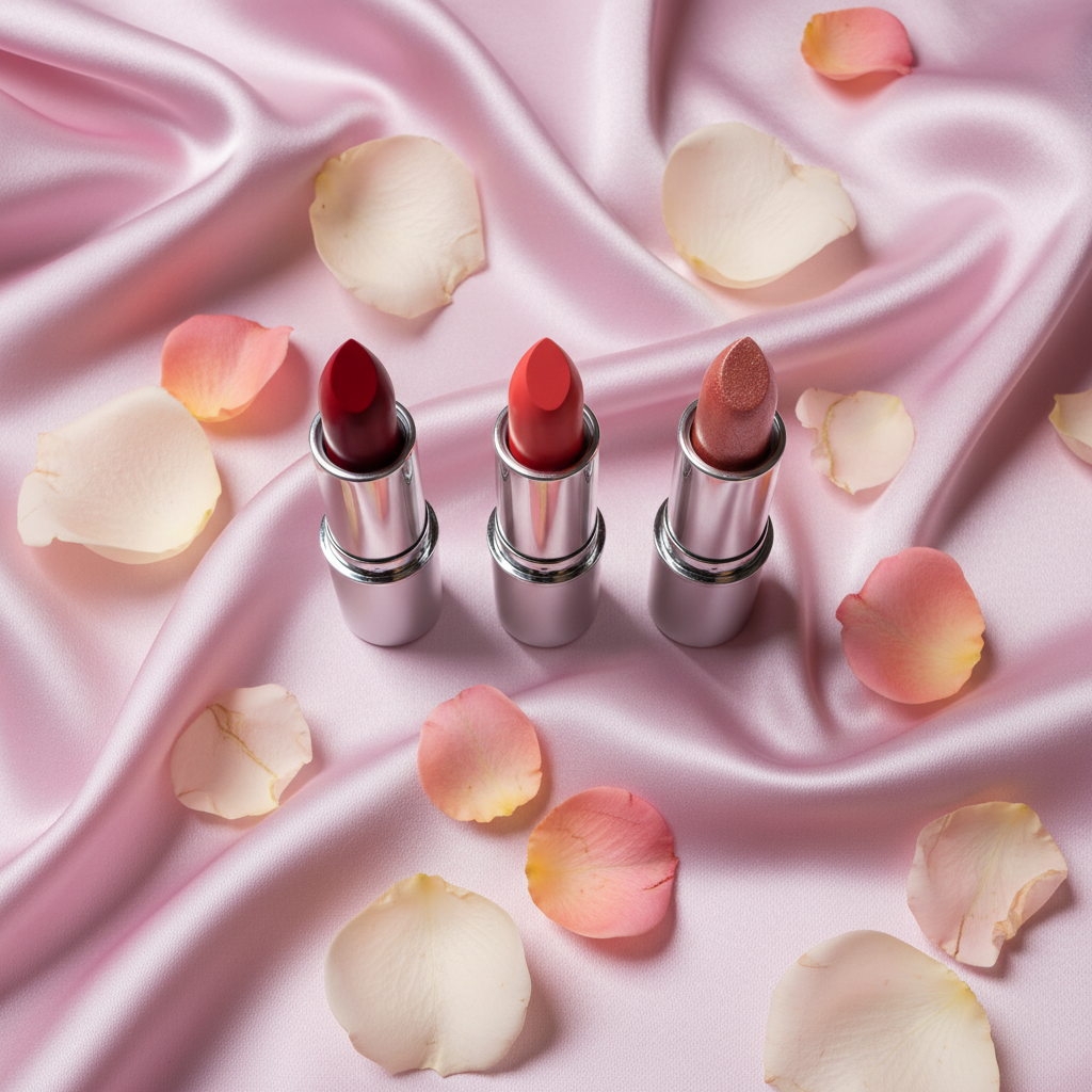 Mary Kay True Dimensions lipstick flat lay on pink satin with rose petals
