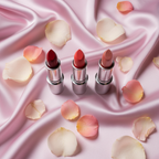 Mary Kay True Dimensions lipstick flat lay on pink satin with rose petals