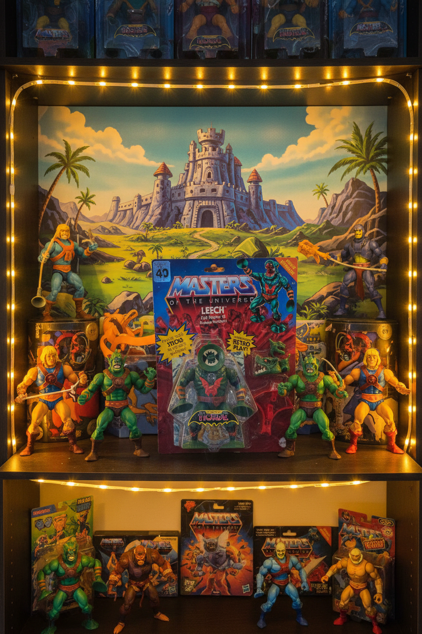 Masters of the Universe Origins action figures displayed on collector shelf with retro 80s cartoon backdrop — More4less Outlet