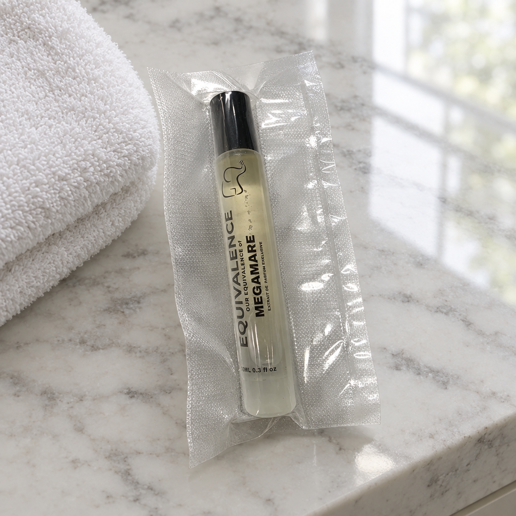 Equivalence Our Equivalence of Megamare Extrait de Parfum sealed vial on a bathroom marble vanity. At least one real product photo taken by Chad is included in the gallery. Remaining images are AI-generated lifestyle photos for visual context only. Minor label or packaging variation may occur between matching stocked units.