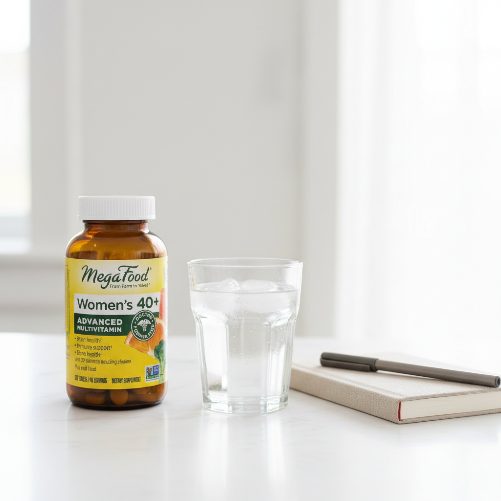 Daily multivitamin amber glass bottle next to water glass and journal on bright white countertop – More4less Outlet