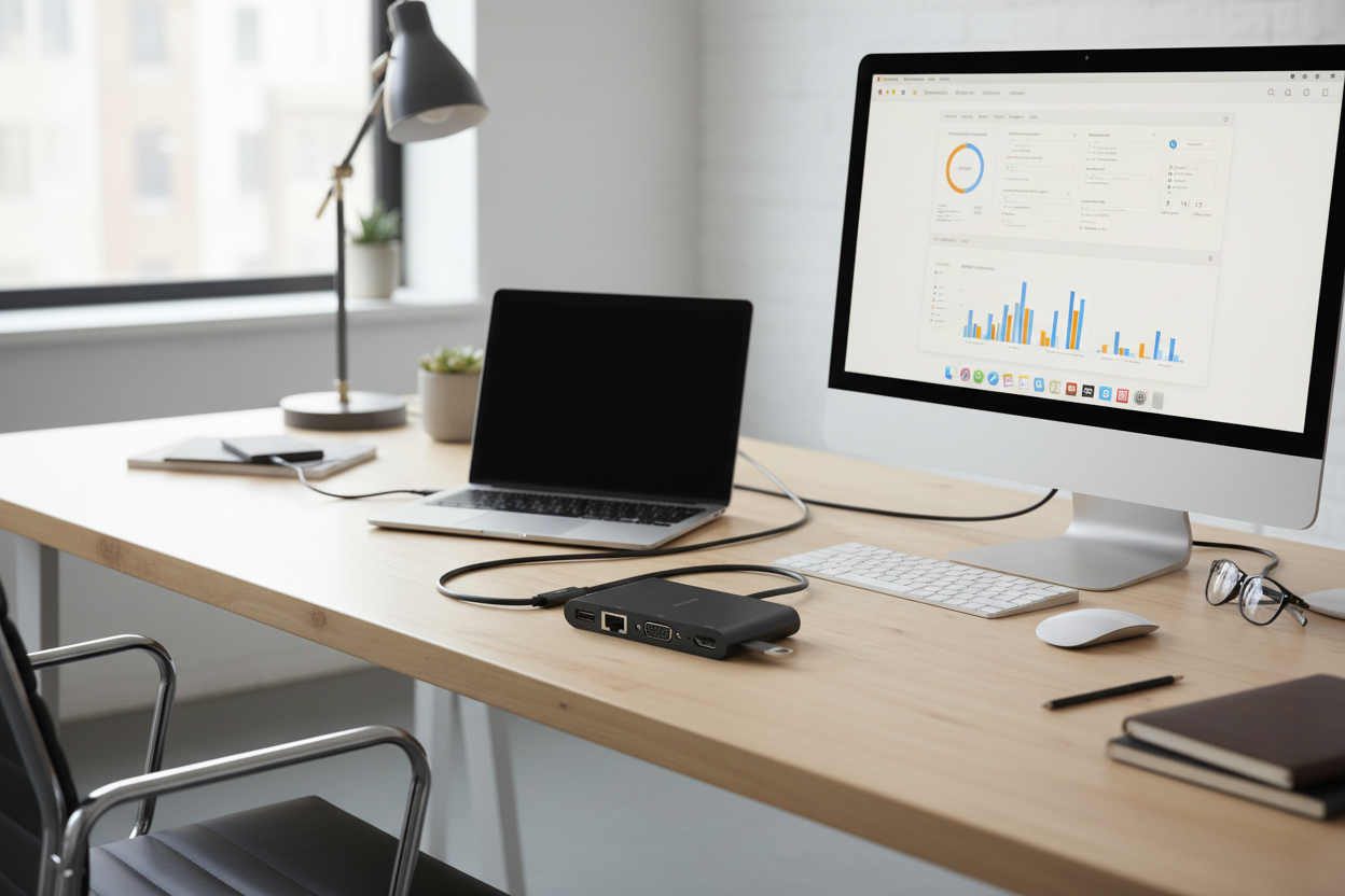 Belkin USB-C Multimedia Adapter connecting MacBook to 4K monitor on professional office desk — More4less Outlet