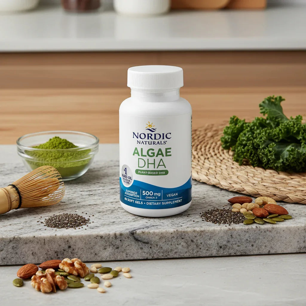 Structured composition reflecting dietary health and vegan-conscious wellness care routines with algae supplement bottle